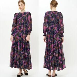 NEW Oliphant Smocked Top Long Sleeve Maxi Dress Suzani Navy Size: XS